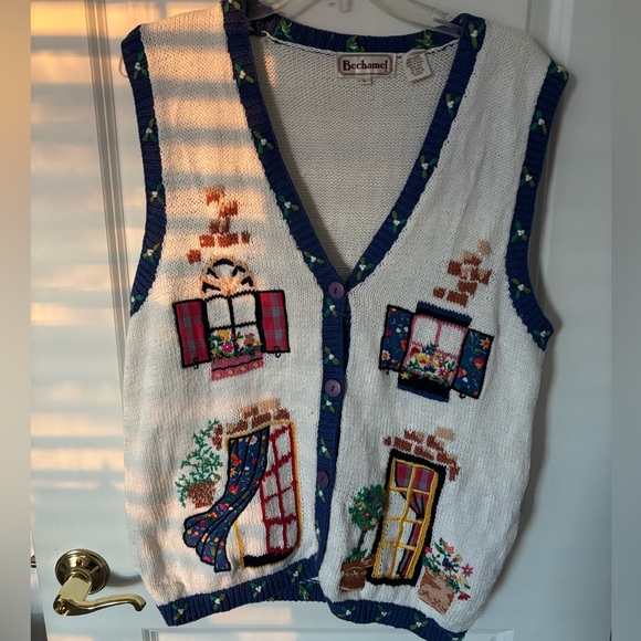 Vintage RARE Bechamel Hand Knit Garden Flowers Windows Sweater Vest - Picture 1 of 10